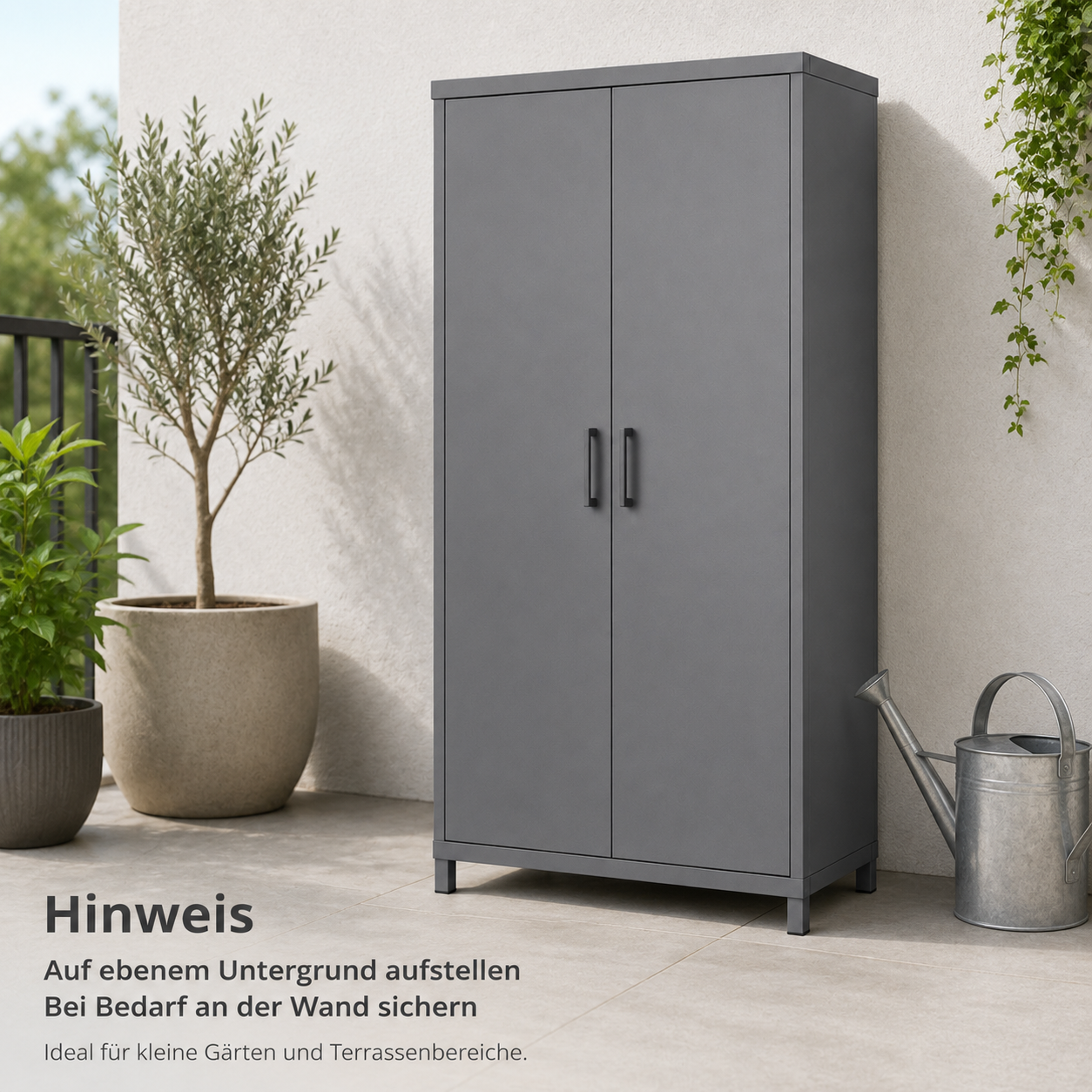 Gartenschrank aus Metall in Grau für Geräte und Terrassenzubehör