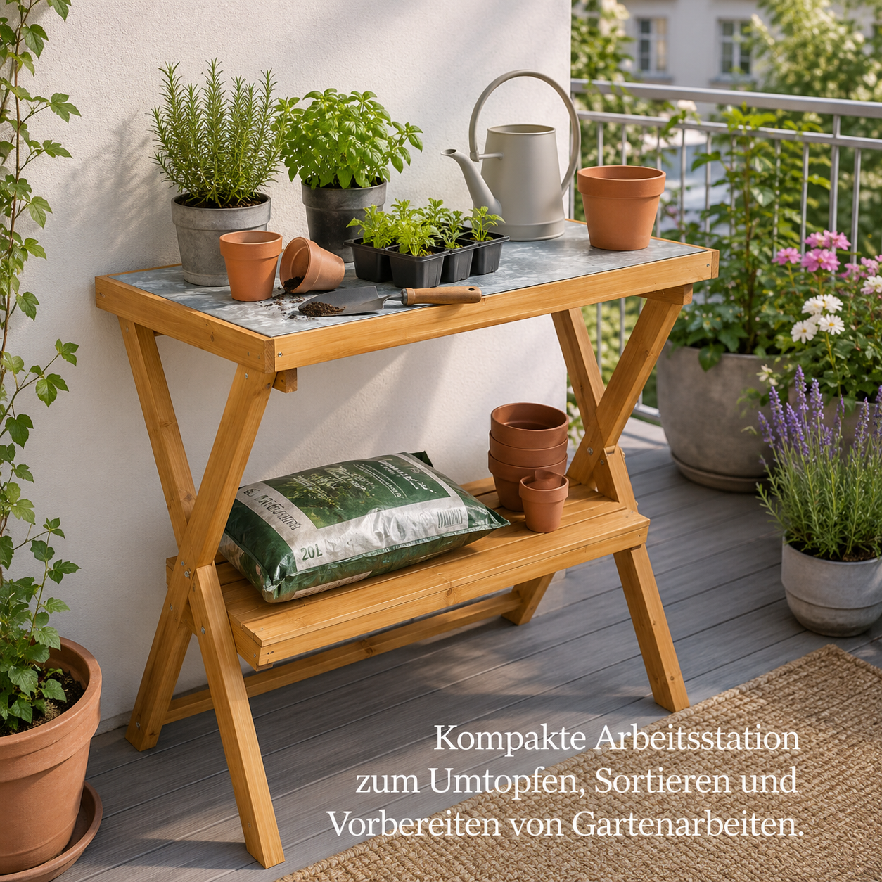 Klappbare Garten Werkbank aus Holz mit verzinkter Arbeitsfläche