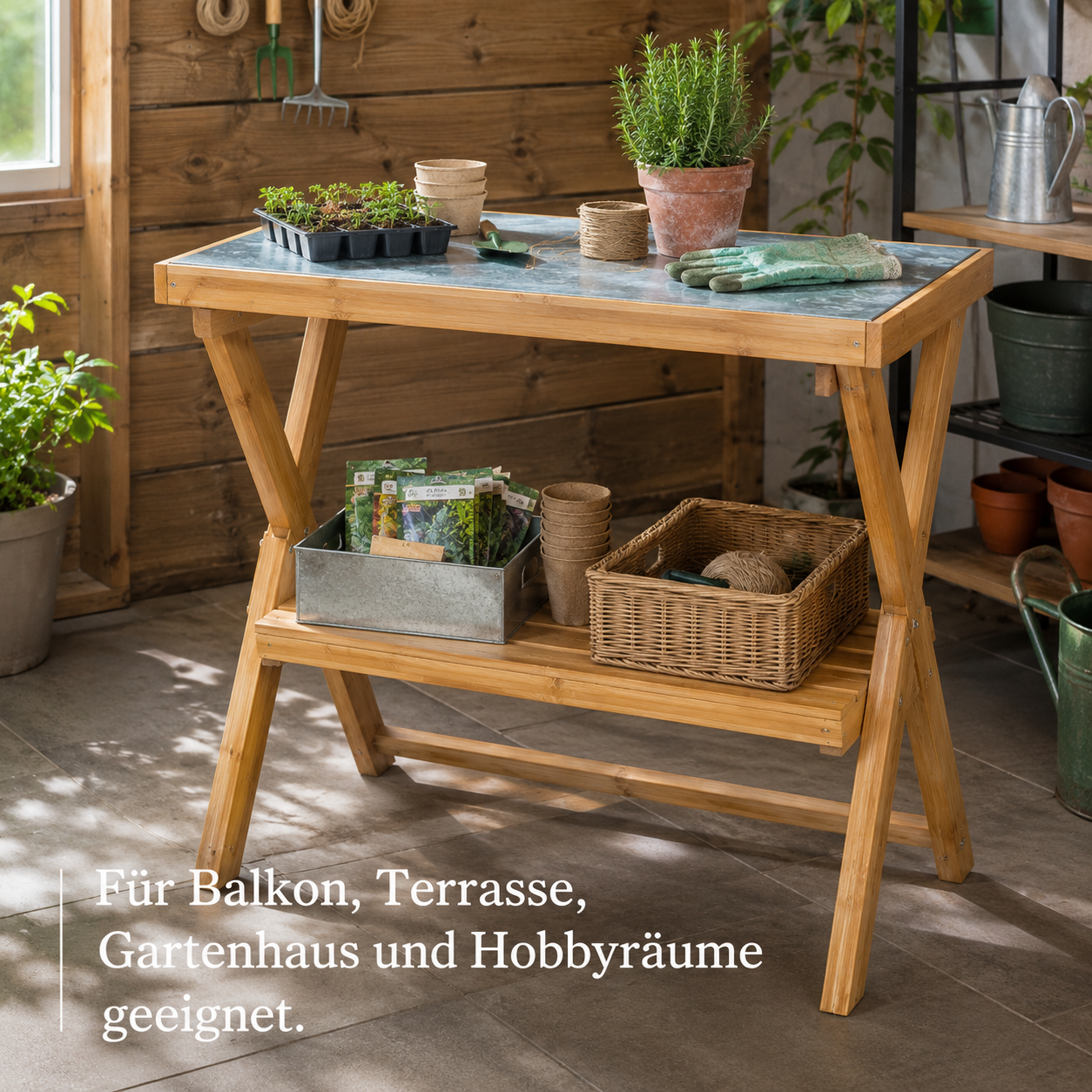Klappbare Garten Werkbank aus Holz mit verzinkter Arbeitsfläche