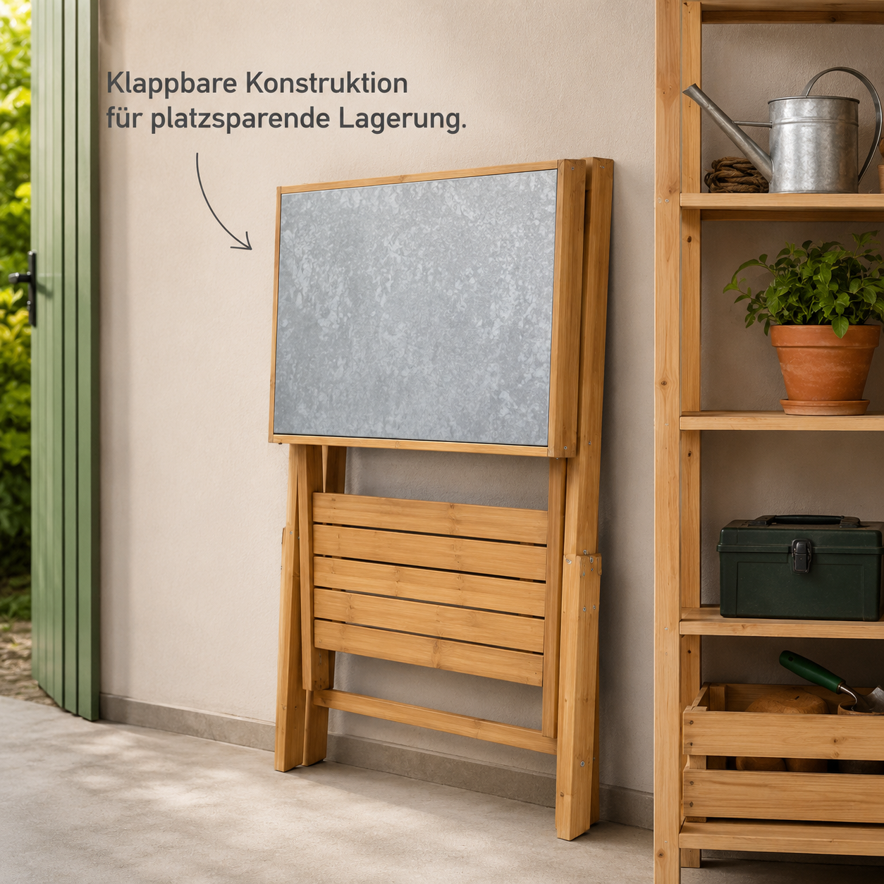 Klappbare Garten Werkbank aus Holz mit verzinkter Arbeitsfläche