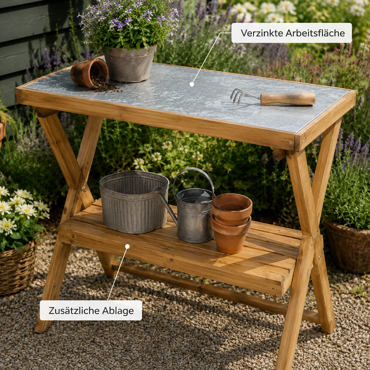 Klappbare Garten Werkbank aus Holz mit verzinkter Arbeitsfläche