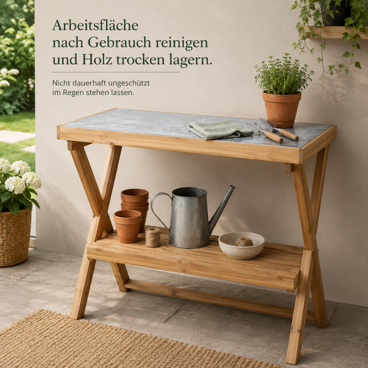 Klappbare Garten Werkbank aus Holz mit verzinkter Arbeitsfläche