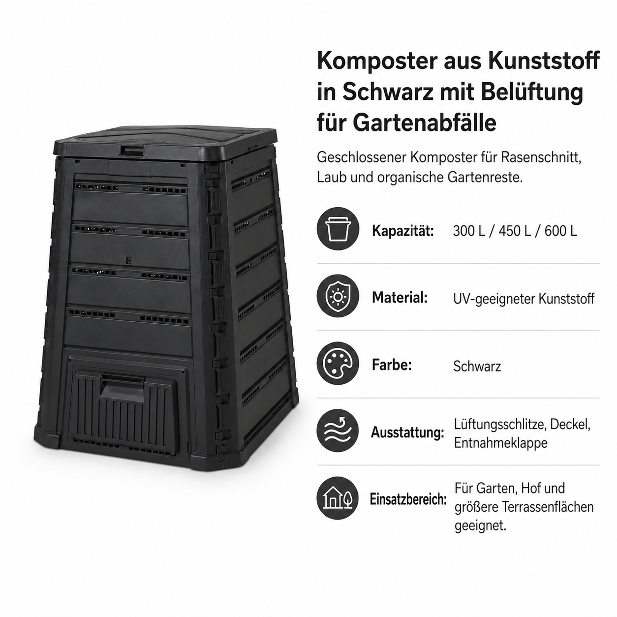 Komposter aus Kunststoff in Schwarz mit Belüftung für Gartenabfälle