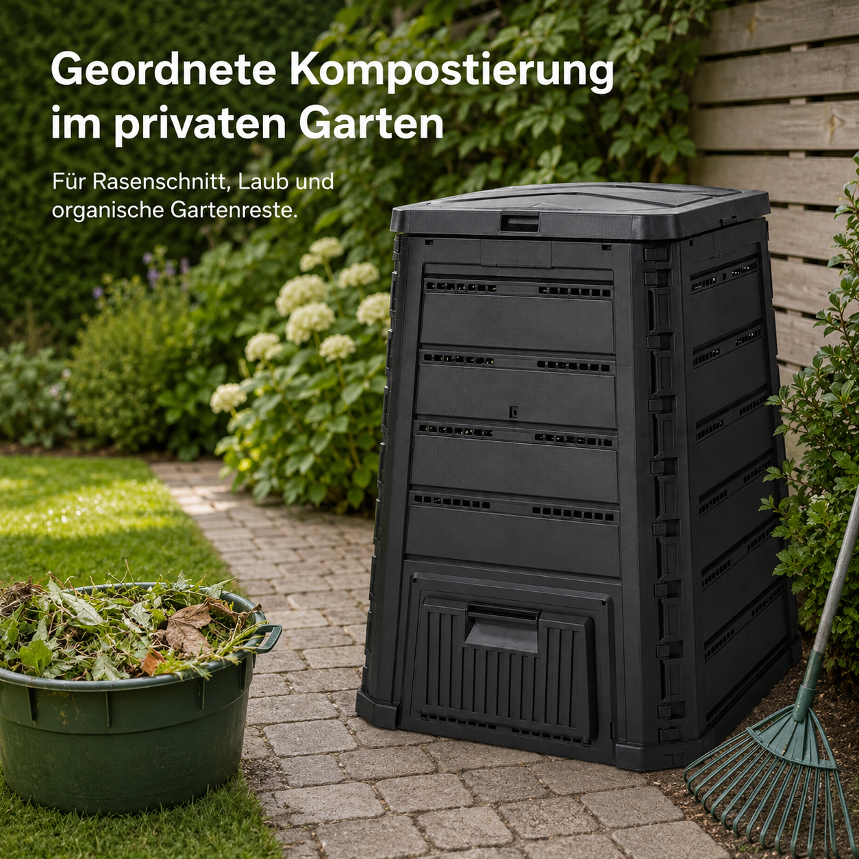 Komposter aus Kunststoff in Schwarz mit Belüftung für Gartenabfälle
