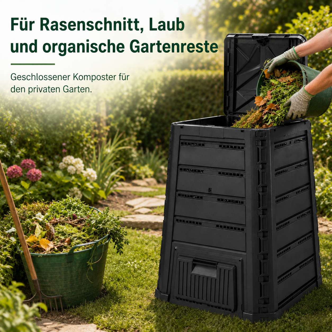 Komposter aus Kunststoff in Schwarz mit Belüftung für Gartenabfälle