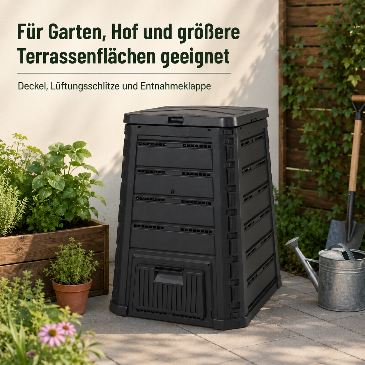 Komposter aus Kunststoff in Schwarz mit Belüftung für Gartenabfälle