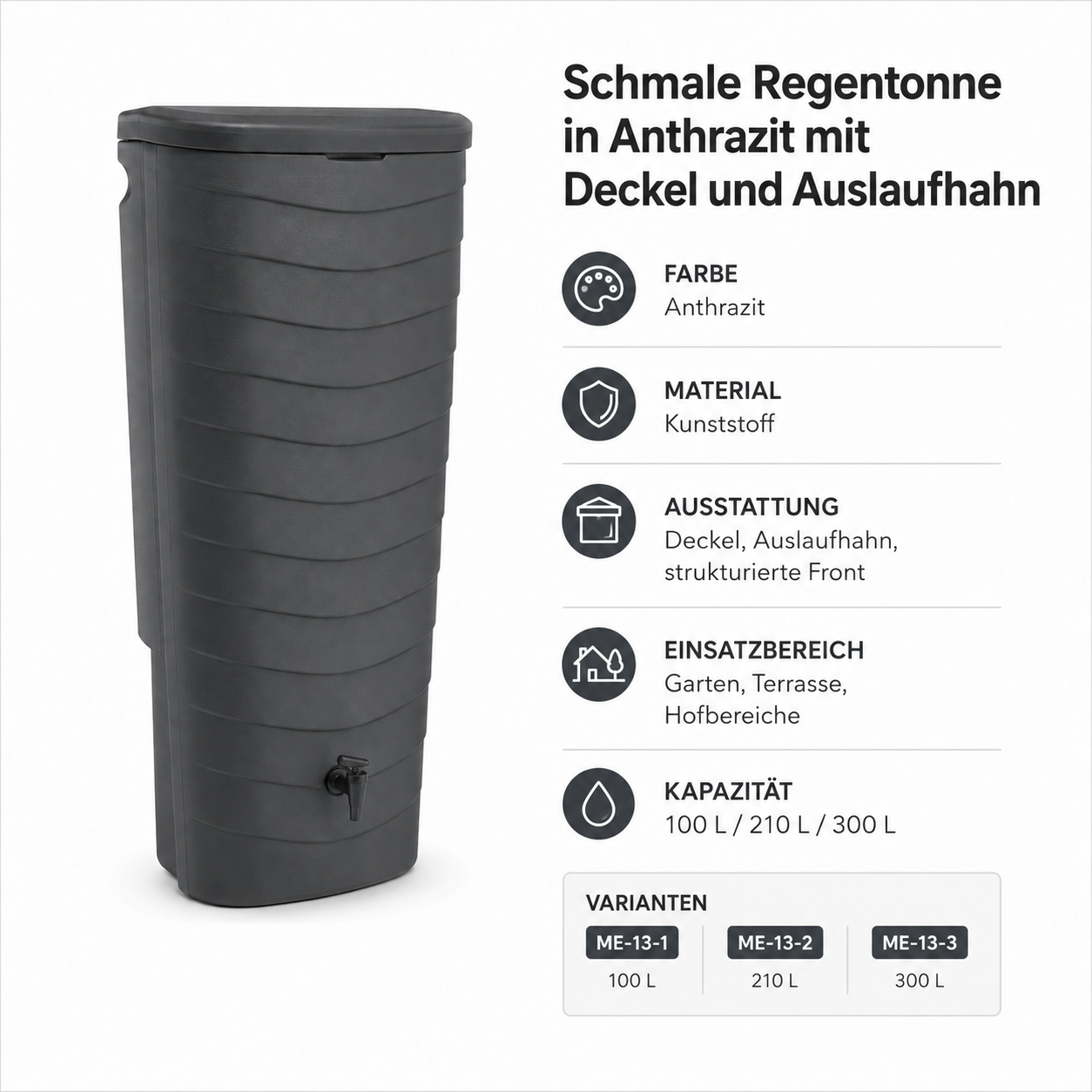 Schmale Regentonne in Anthrazit mit Deckel und Auslaufhahn