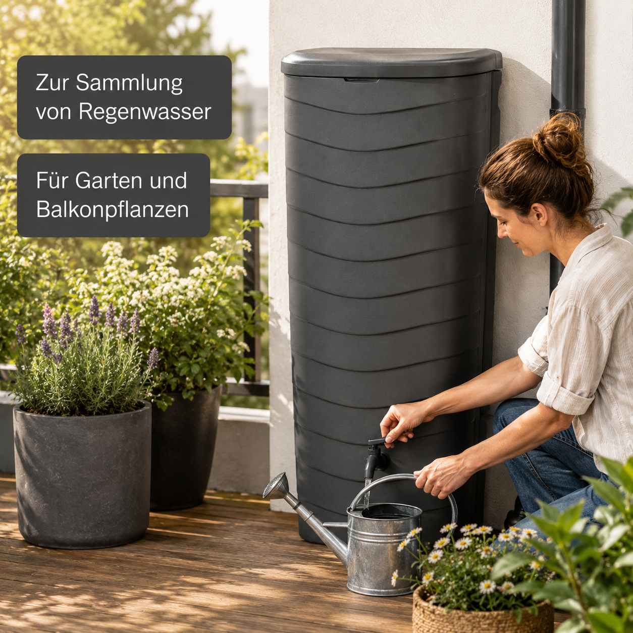Schmale Regentonne in Anthrazit mit Deckel und Auslaufhahn