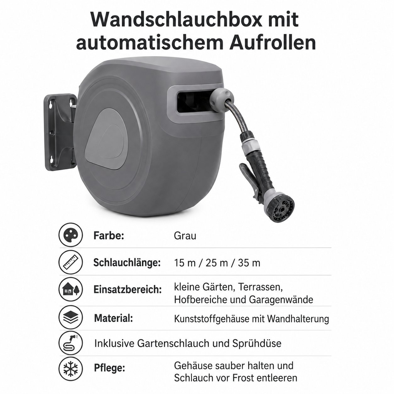 Wandschlauchbox mit automatischem Aufrollen in Grau für kleine Gärten