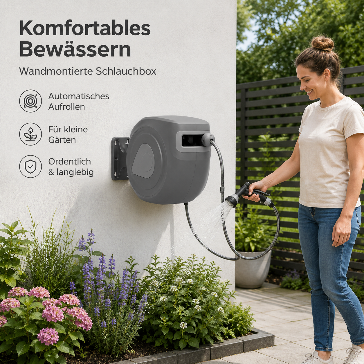 Wandschlauchbox mit automatischem Aufrollen in Grau für kleine Gärten