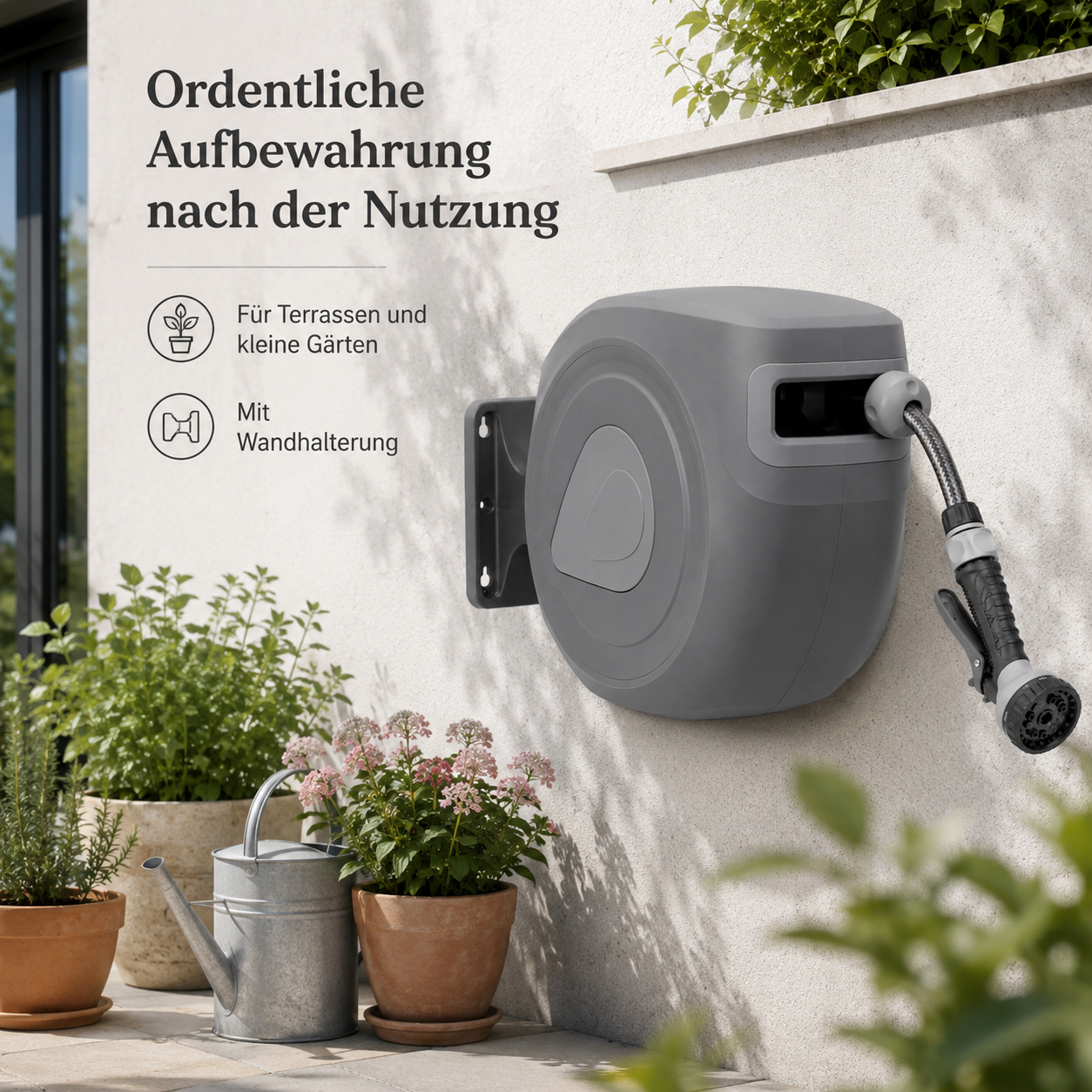 Wandschlauchbox mit automatischem Aufrollen in Grau für kleine Gärten
