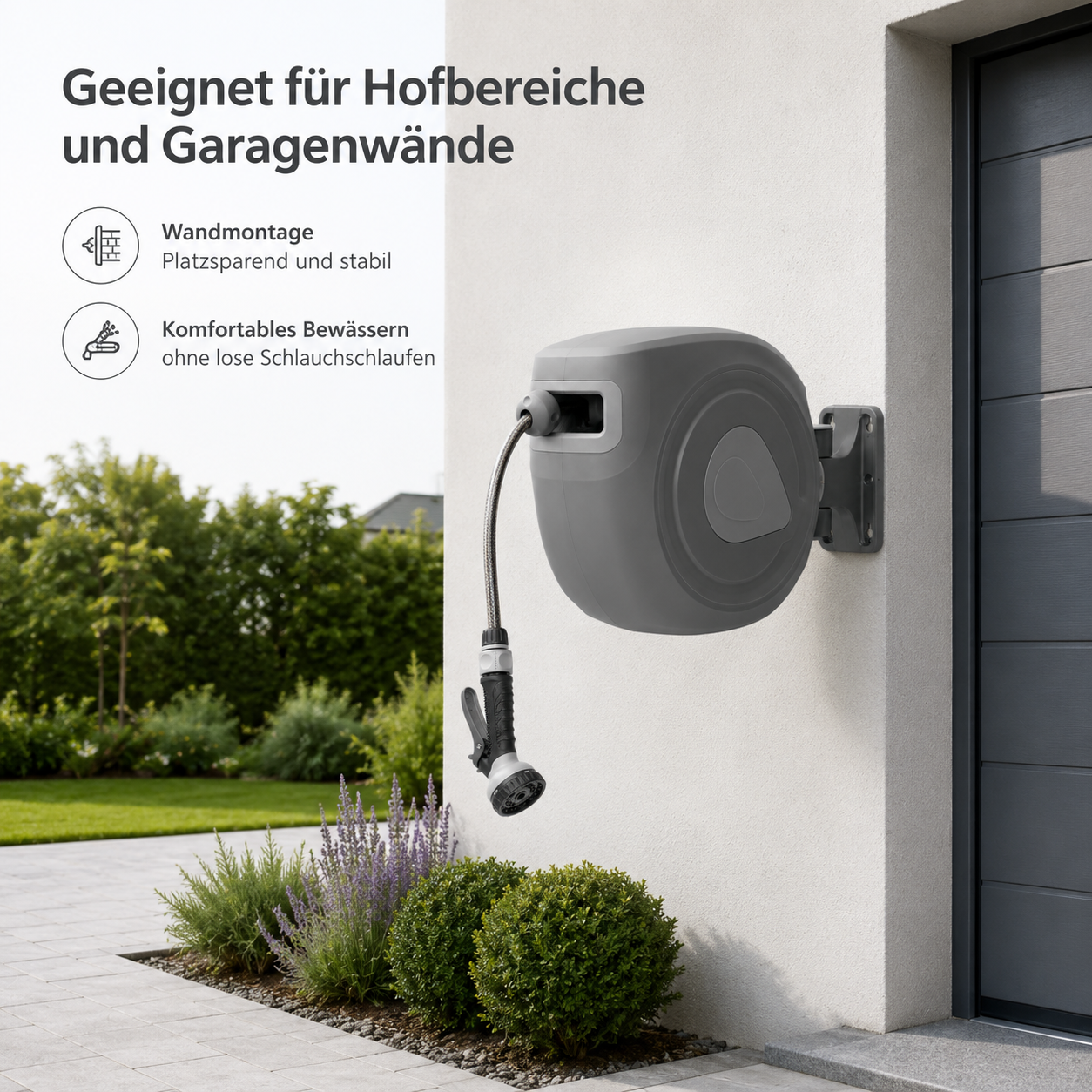 Wandschlauchbox mit automatischem Aufrollen in Grau für kleine Gärten