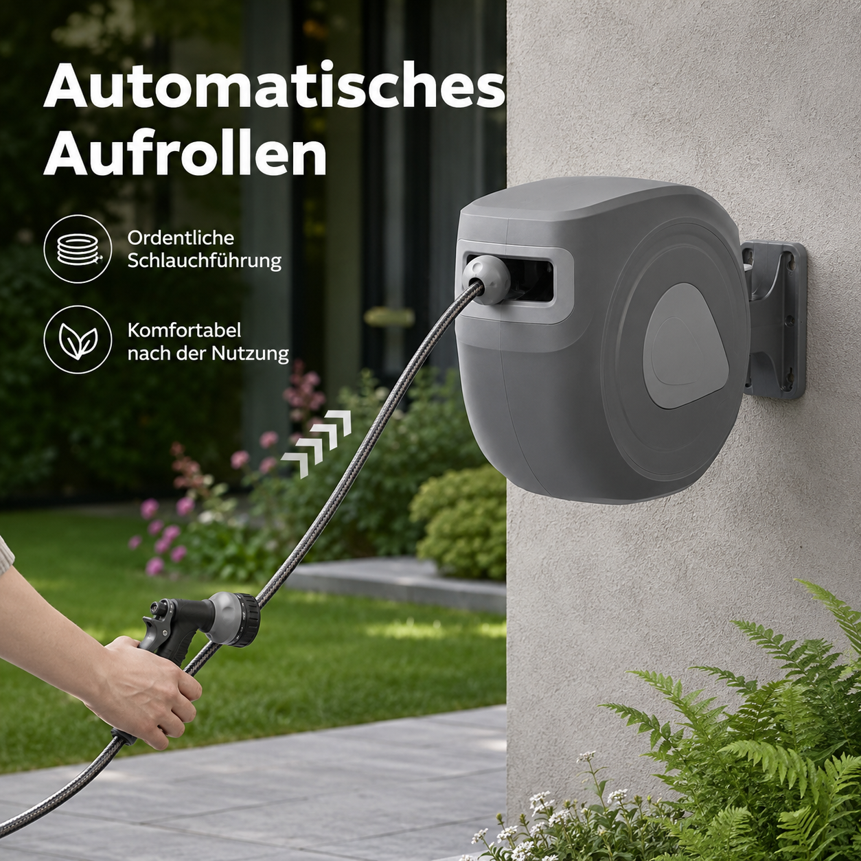 Wandschlauchbox mit automatischem Aufrollen in Grau für kleine Gärten