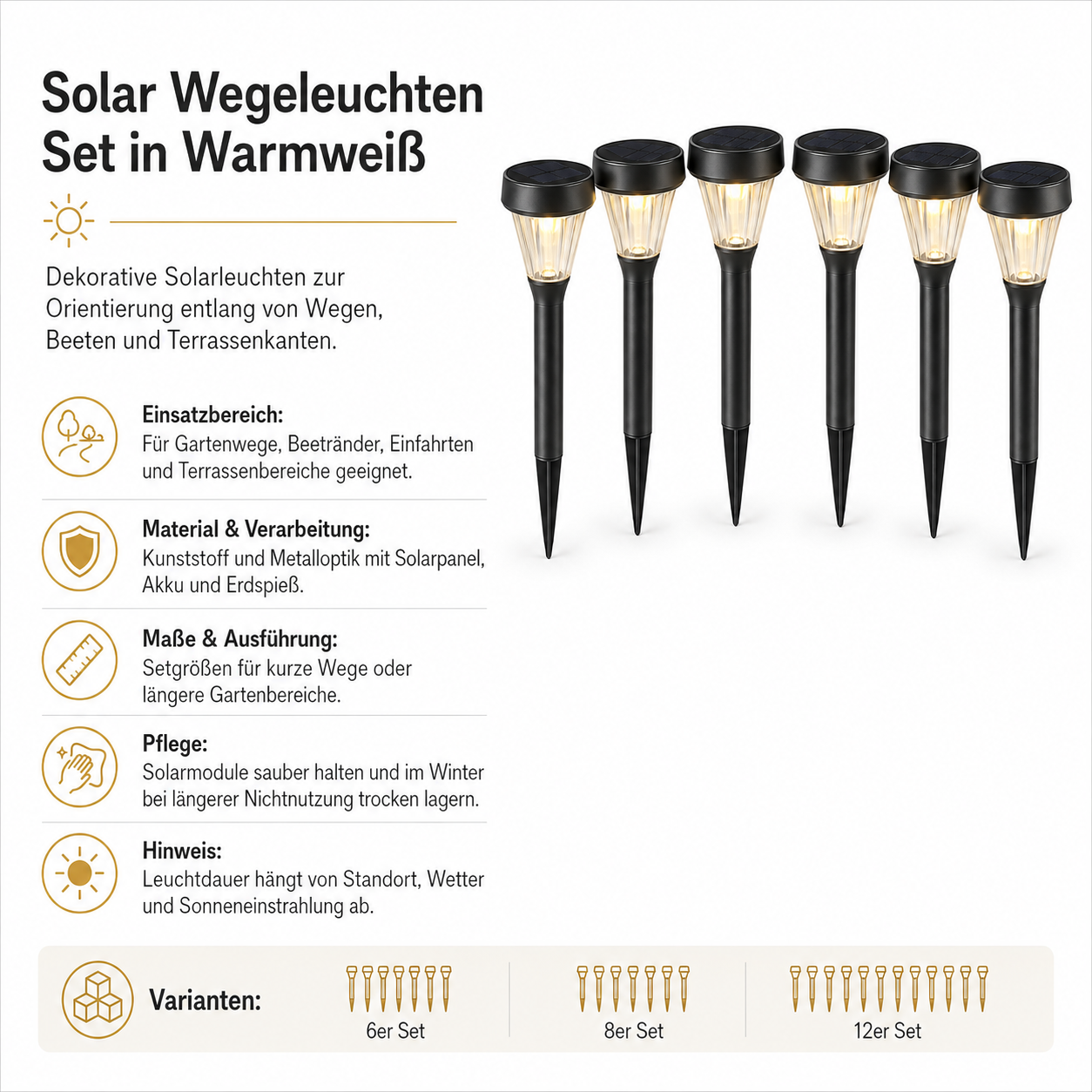 Solar Wegeleuchten Set in Warmweiß für Gartenwege und Beete