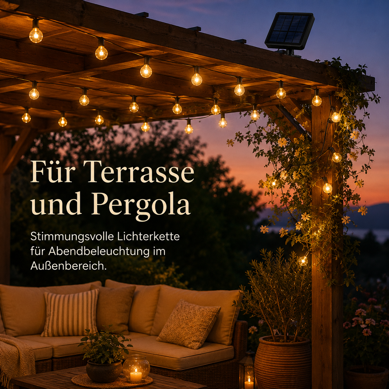 Solar LED Lichterkette mit warmweißem Licht für Terrasse und Pergola