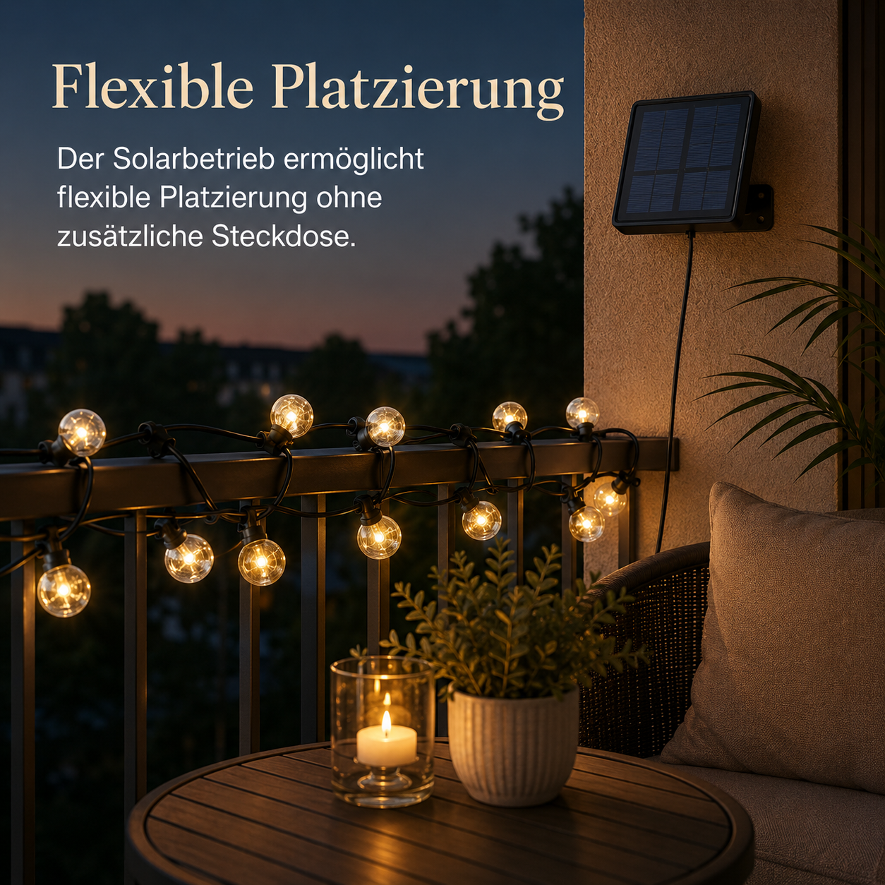 Solar LED Lichterkette mit warmweißem Licht für Terrasse und Pergola