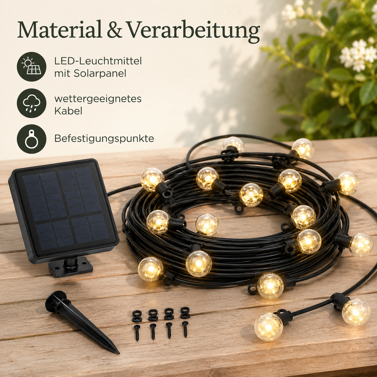 Solar LED Lichterkette mit warmweißem Licht für Terrasse und Pergola