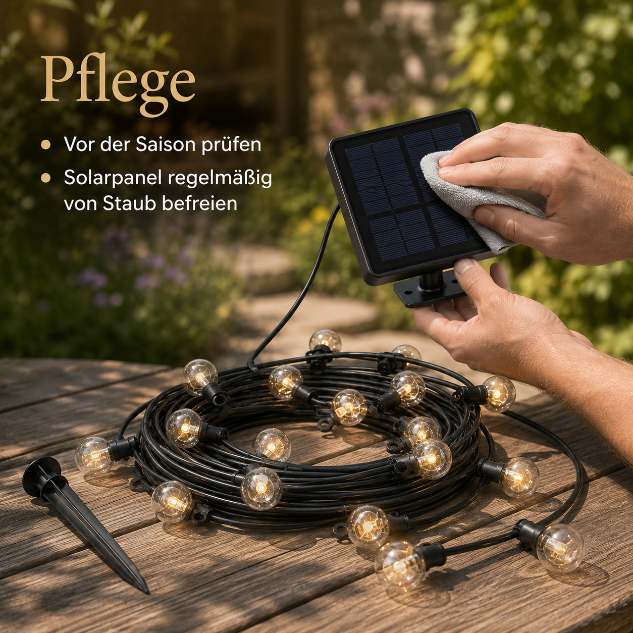 Solar LED Lichterkette mit warmweißem Licht für Terrasse und Pergola
