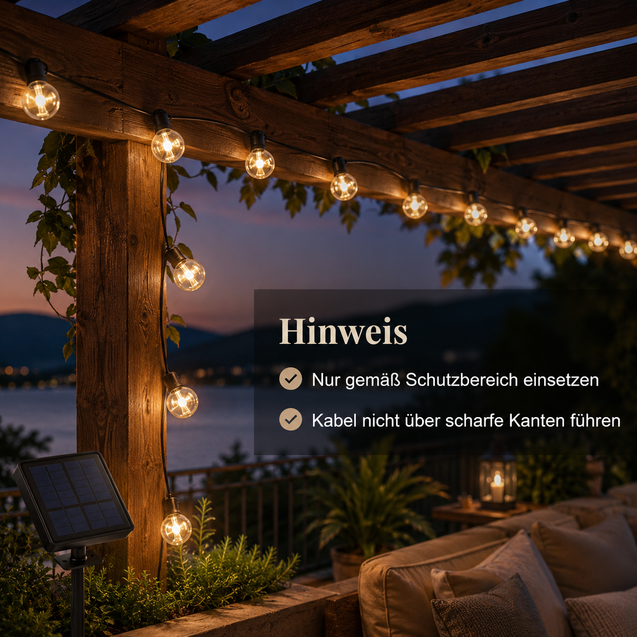 Solar LED Lichterkette mit warmweißem Licht für Terrasse und Pergola