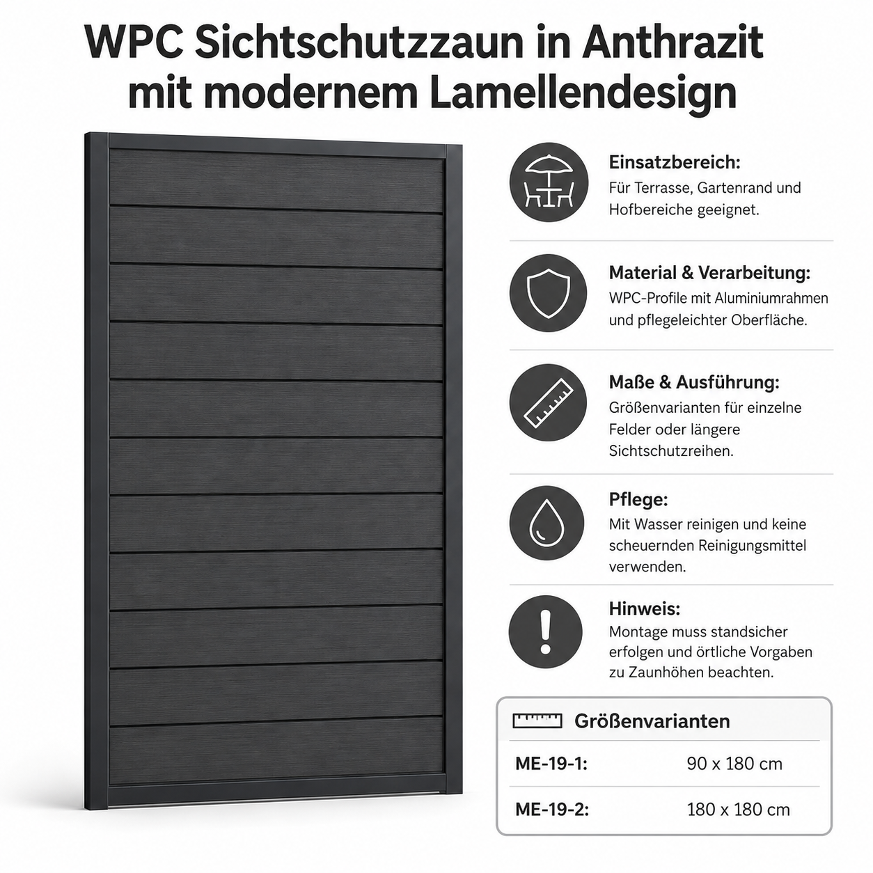 WPC Sichtschutzzaun in Anthrazit mit modernem Lamellendesign