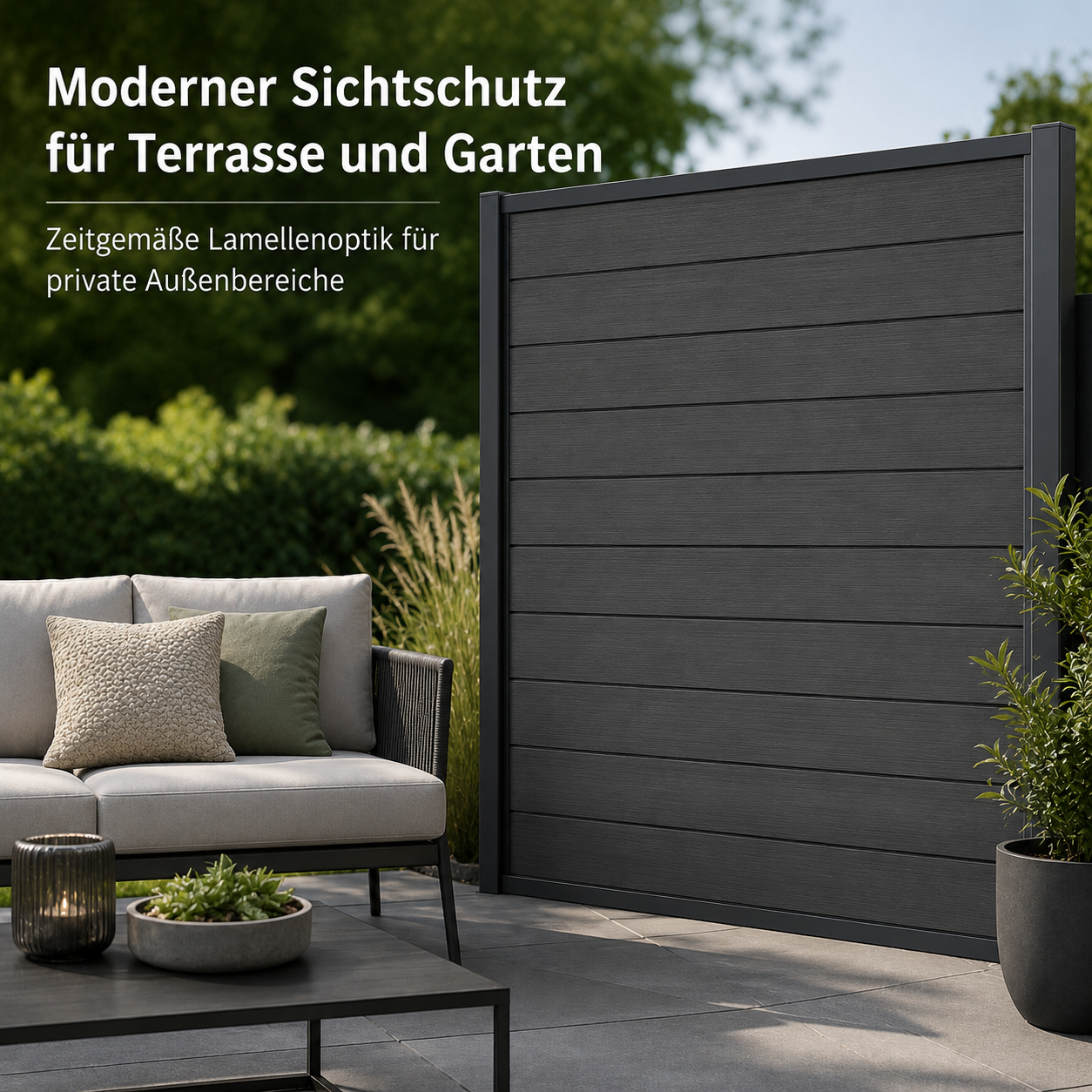 WPC Sichtschutzzaun in Anthrazit mit modernem Lamellendesign