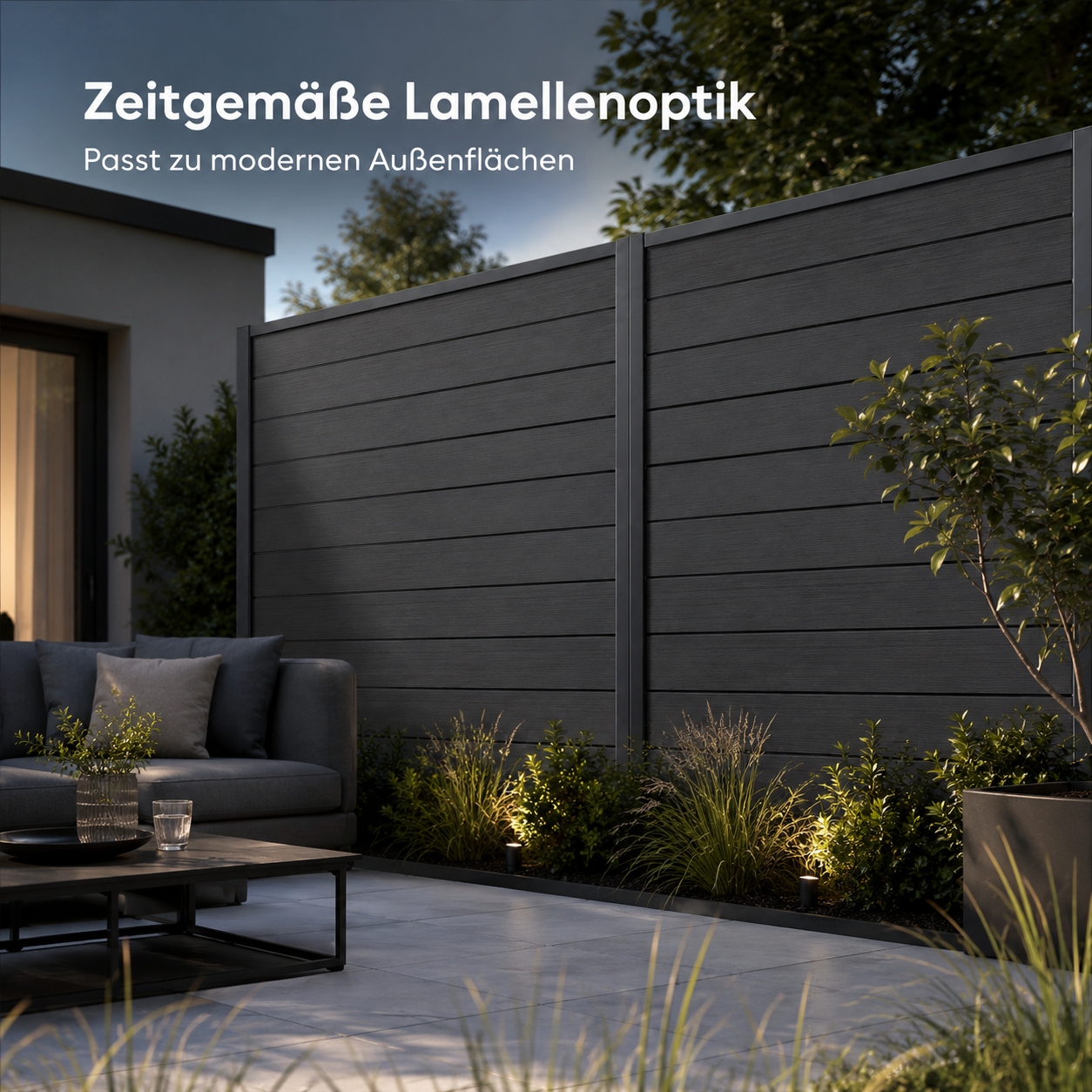 WPC Sichtschutzzaun in Anthrazit mit modernem Lamellendesign