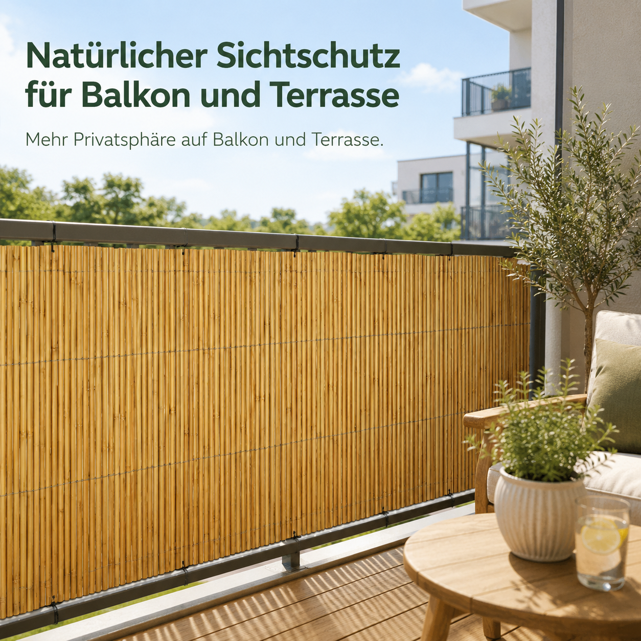 Balkon Sichtschutzmatte aus Bambus Natur für Geländer und Terrasse