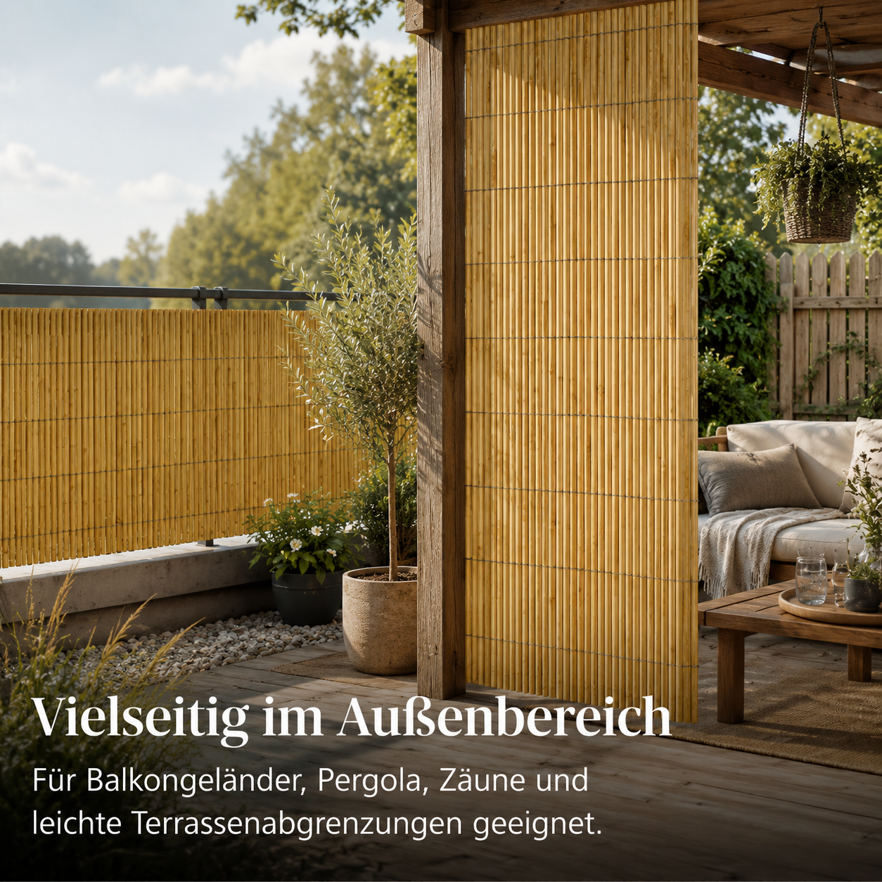 Balkon Sichtschutzmatte aus Bambus Natur für Geländer und Terrasse