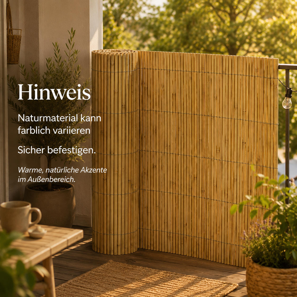 Balkon Sichtschutzmatte aus Bambus Natur für Geländer und Terrasse