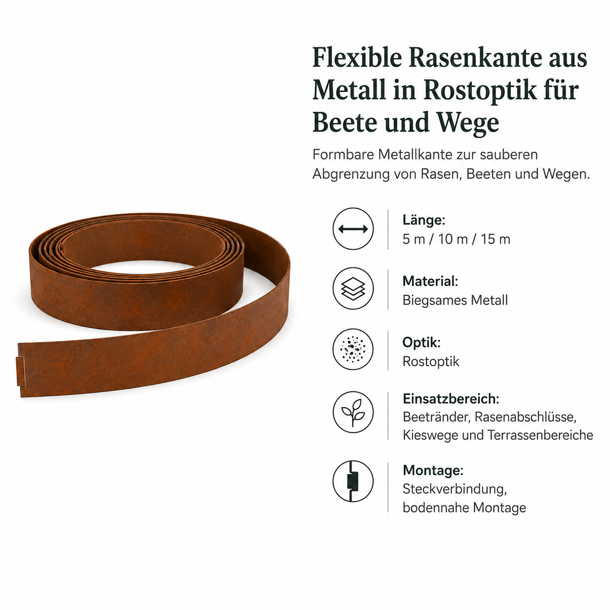 Flexible Rasenkante aus Metall in Rostoptik für Beete und Wege
