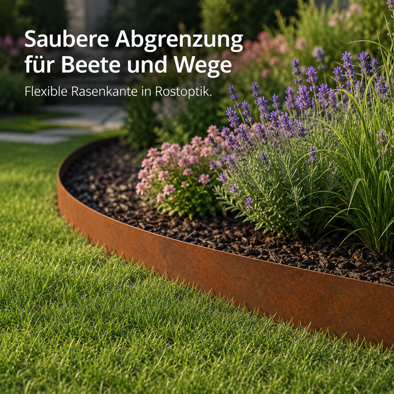 Flexible Rasenkante aus Metall in Rostoptik für Beete und Wege