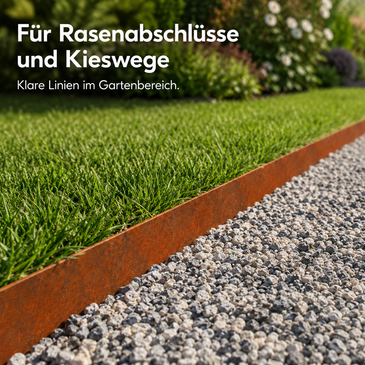 Flexible Rasenkante aus Metall in Rostoptik für Beete und Wege