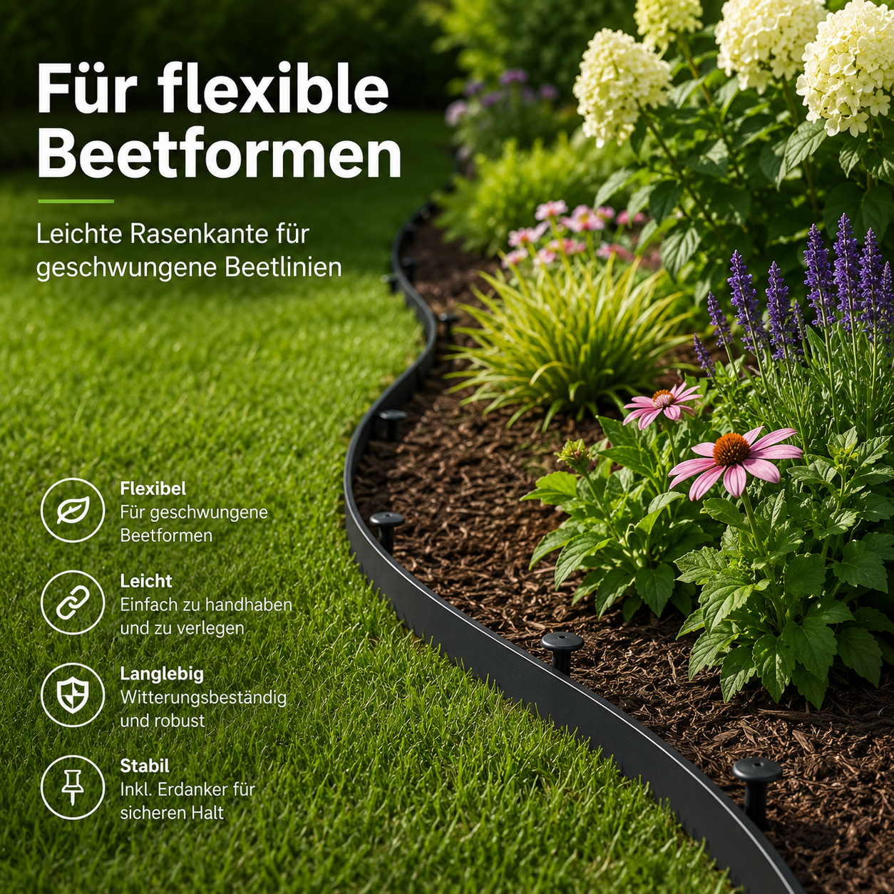 Recycelbare Kunststoff Rasenkante in Schwarz für flexible Beetformen