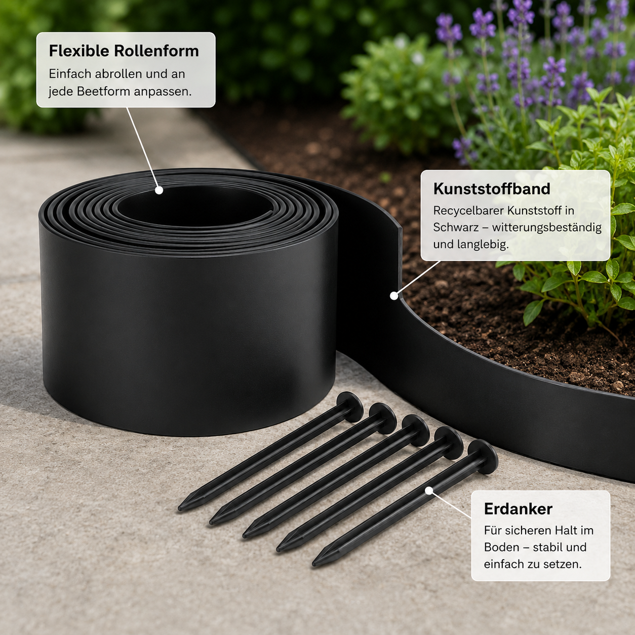 Recycelbare Kunststoff Rasenkante in Schwarz für flexible Beetformen