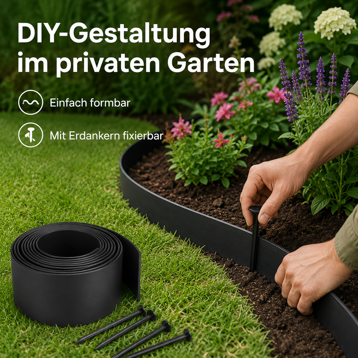 Recycelbare Kunststoff Rasenkante in Schwarz für flexible Beetformen