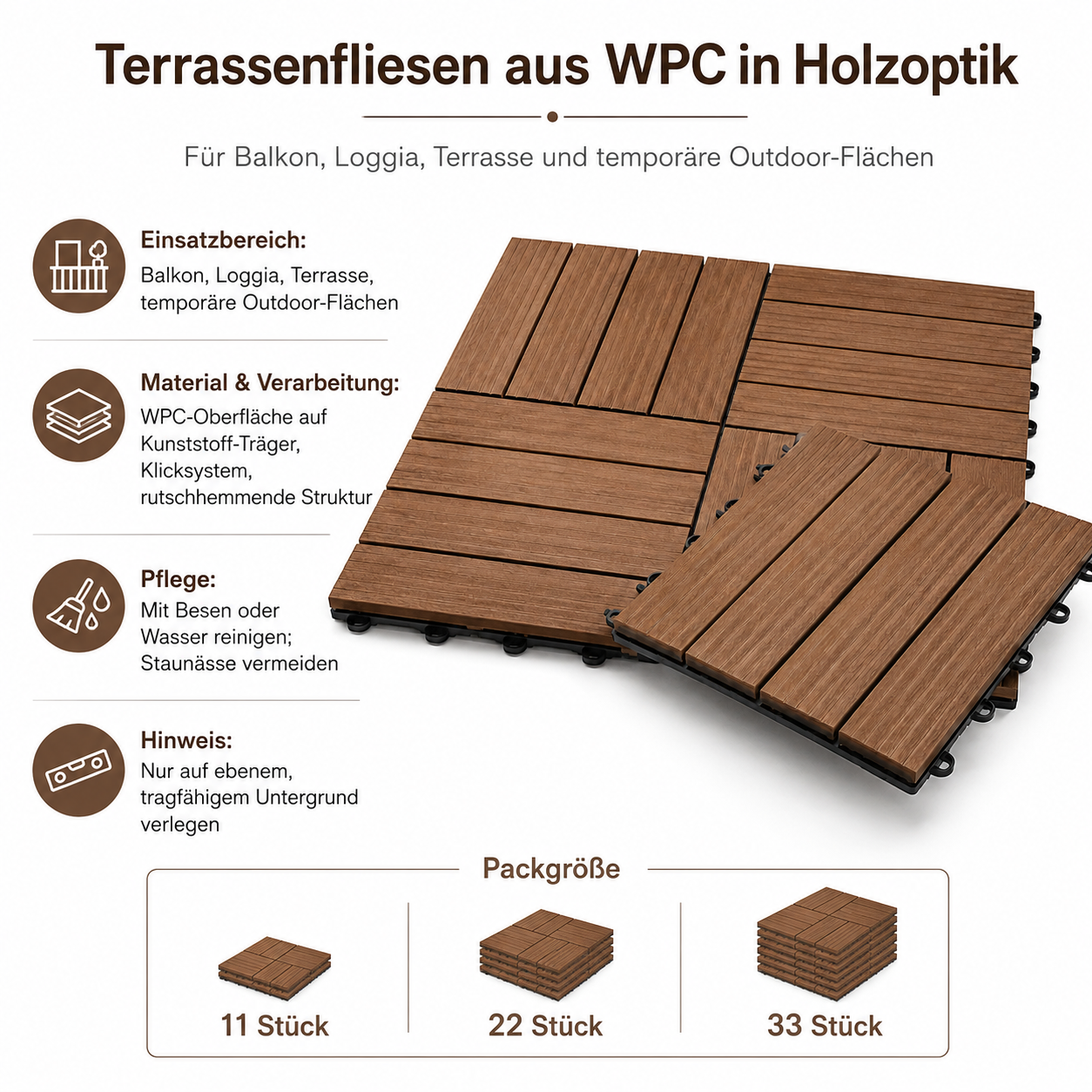 Terrassenfliesen aus WPC in Holzoptik für Balkon und Garten
