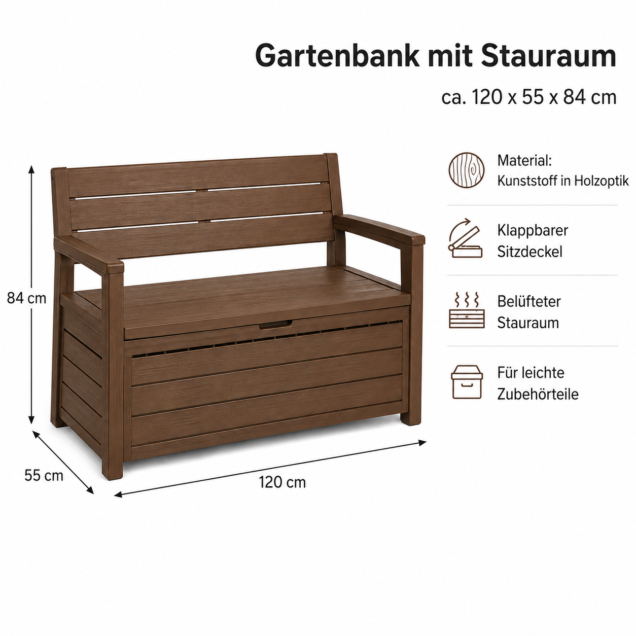 Gartenbank mit Stauraum in Holzoptik für Balkon und Terrasse