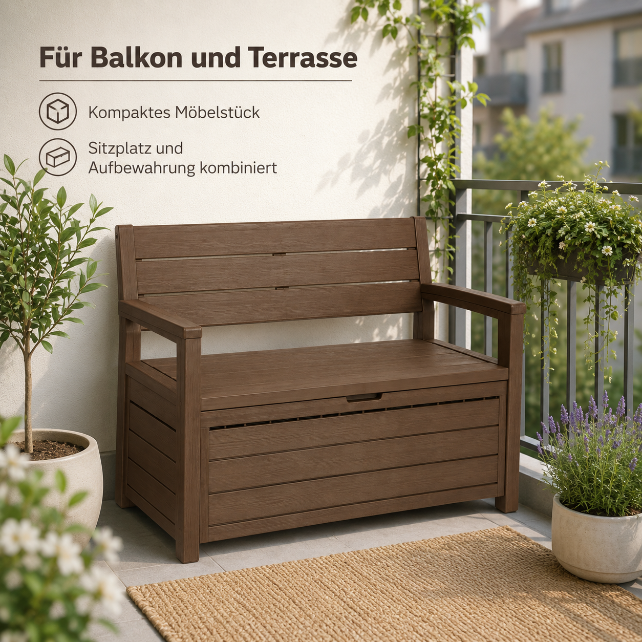Gartenbank mit Stauraum in Holzoptik für Balkon und Terrasse