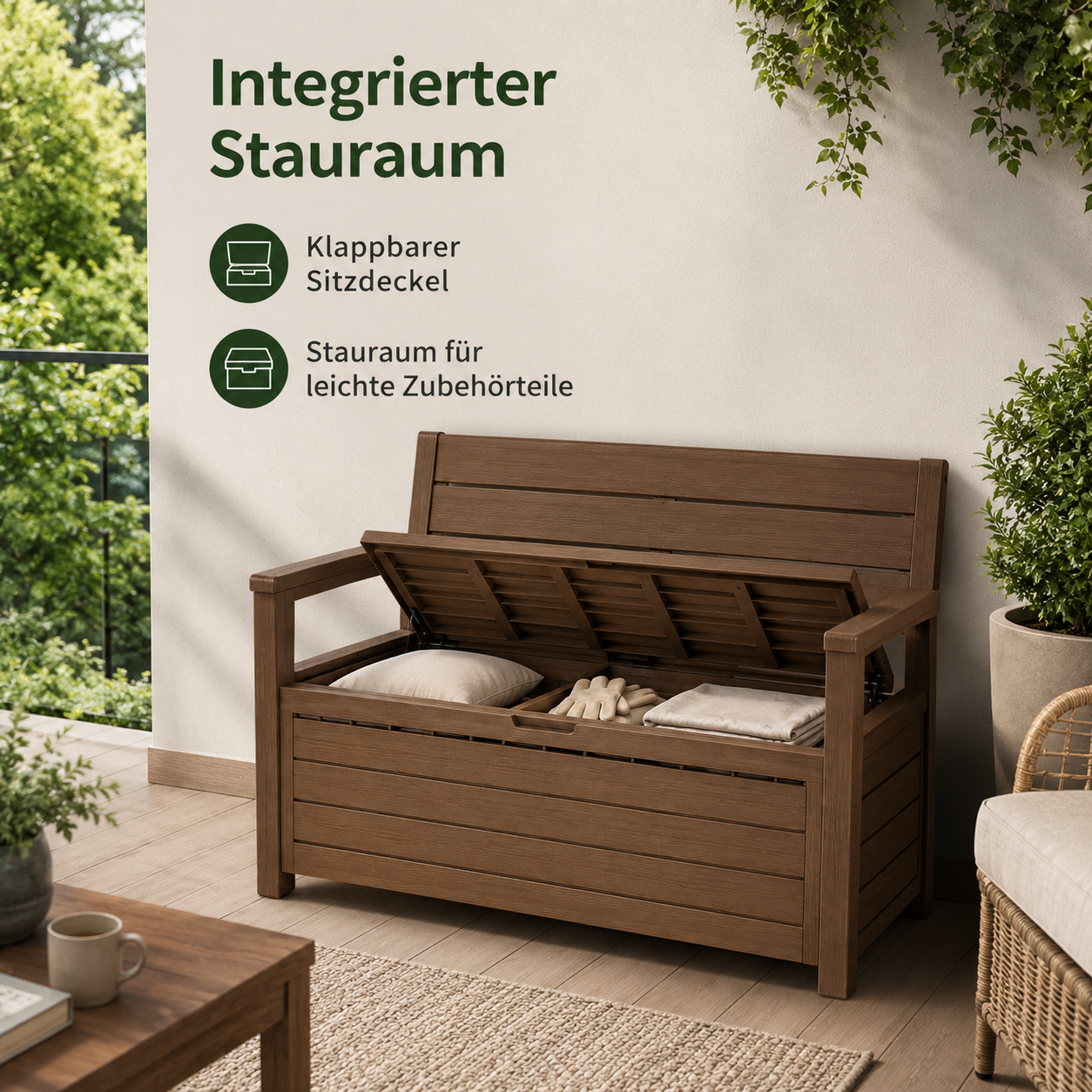 Gartenbank mit Stauraum in Holzoptik für Balkon und Terrasse