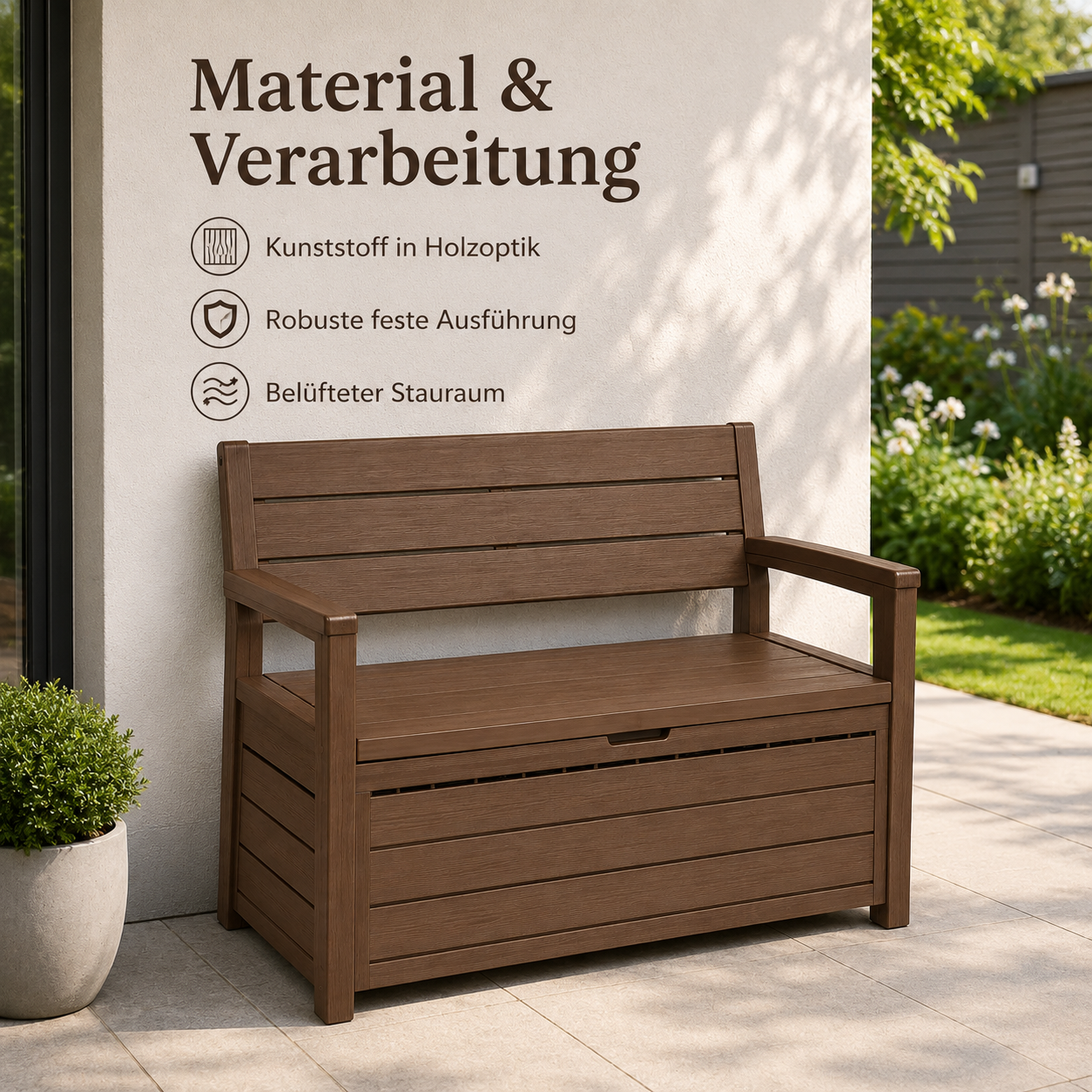 Gartenbank mit Stauraum in Holzoptik für Balkon und Terrasse