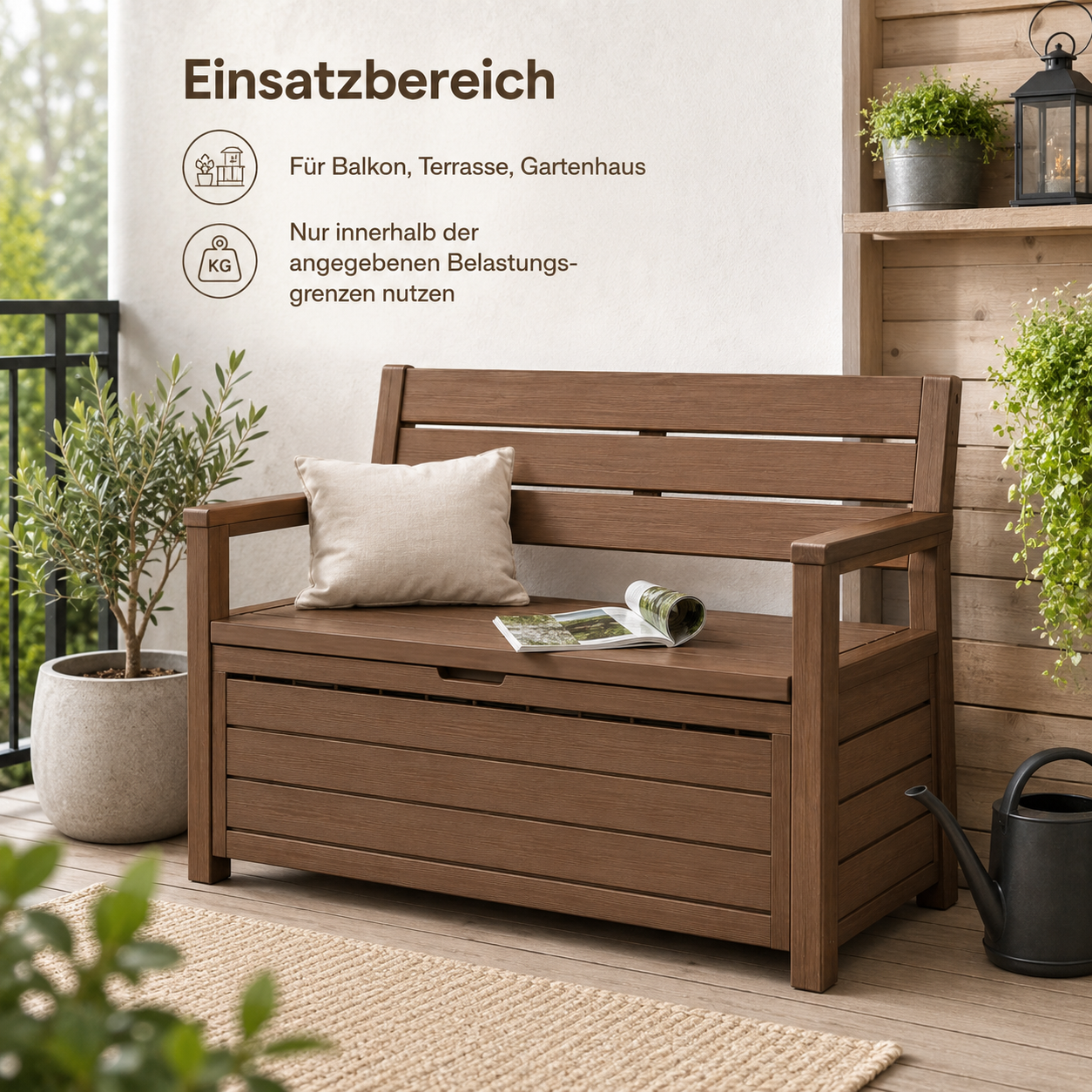 Gartenbank mit Stauraum in Holzoptik für Balkon und Terrasse