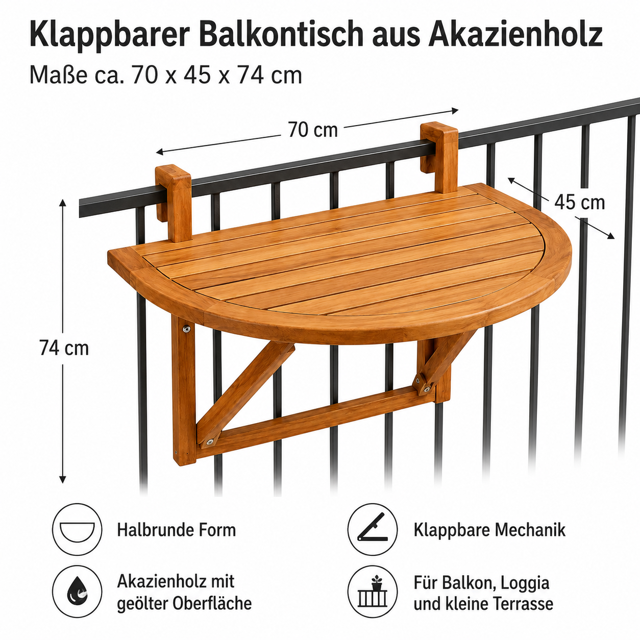Klappbarer Balkontisch aus Akazienholz mit halbrunder Form
