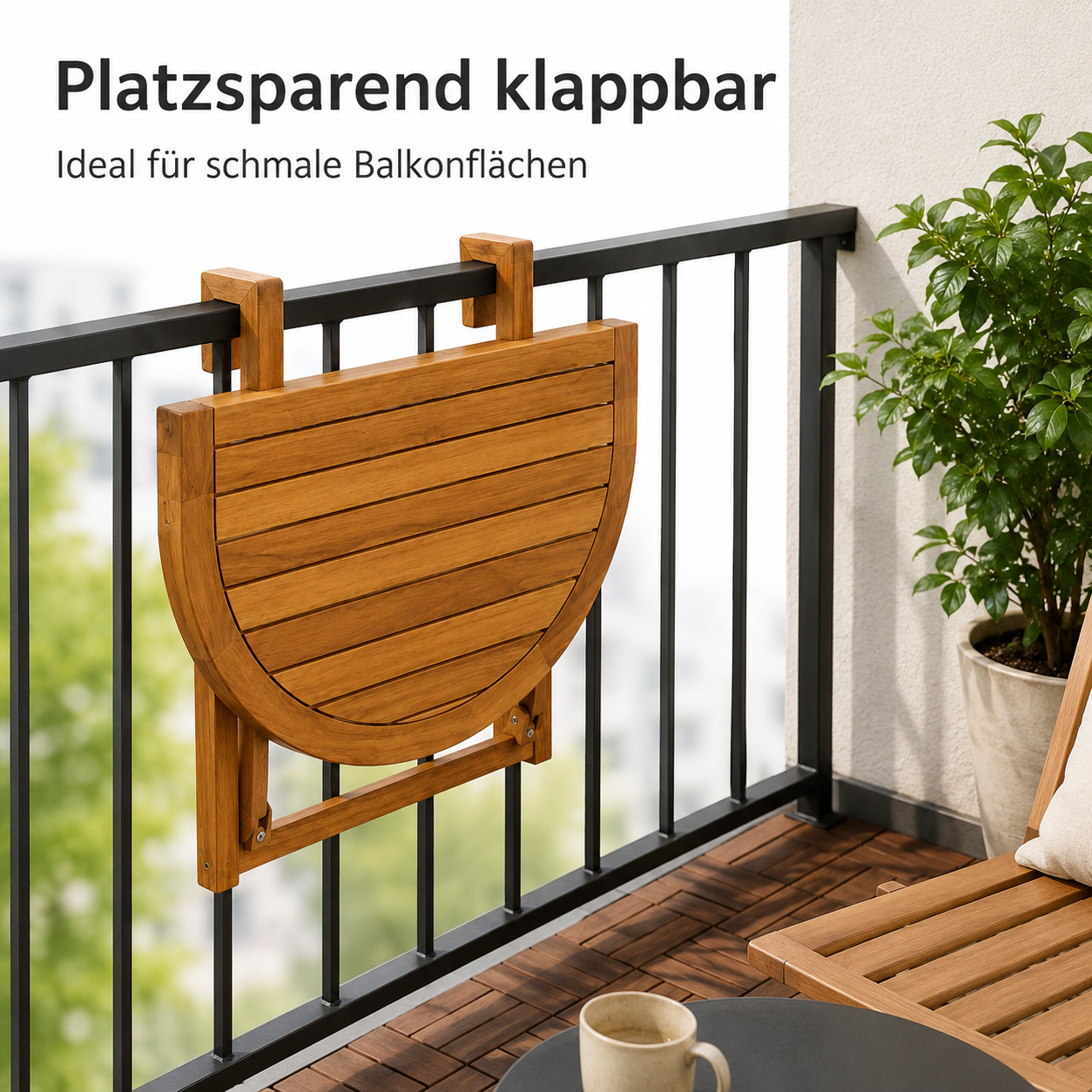 Klappbarer Balkontisch aus Akazienholz mit halbrunder Form