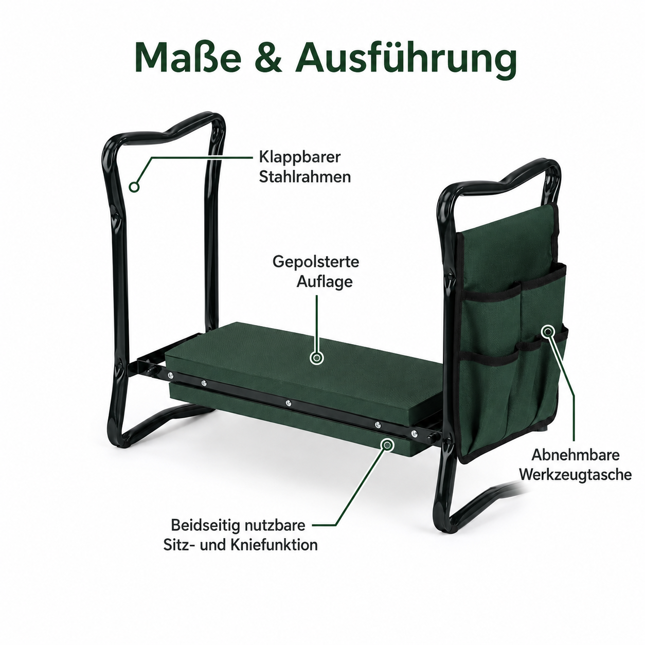 Garten Kniebank mit Werkzeugtasche und klappbarem Stahlrahmen