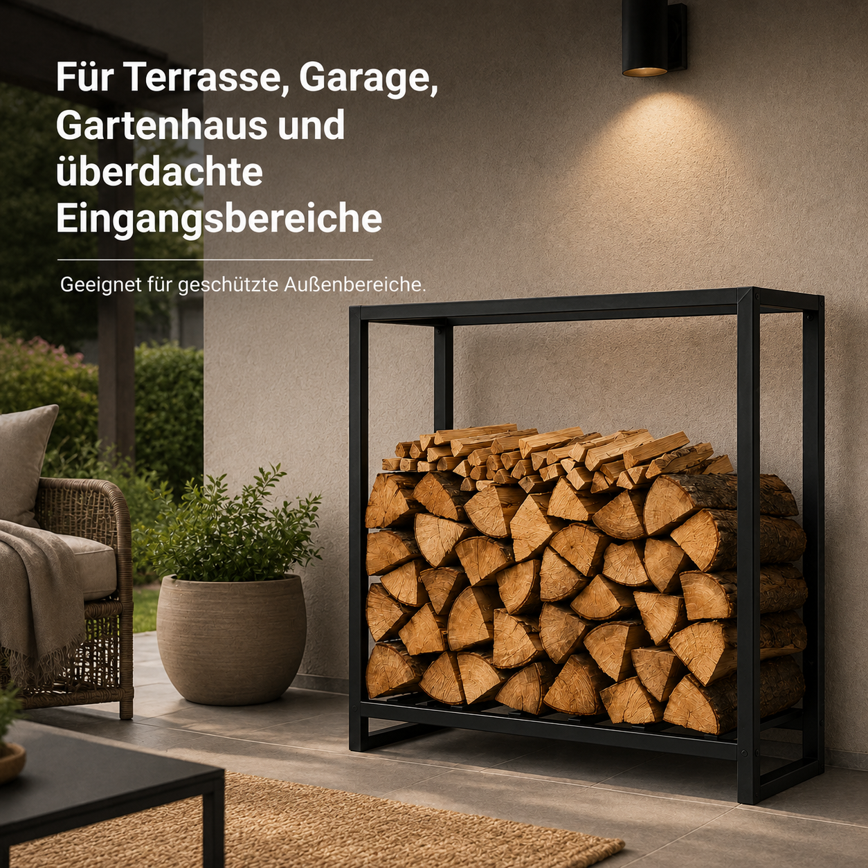 Kaminholzregal aus Stahl in Schwarz für Terrasse und Garage