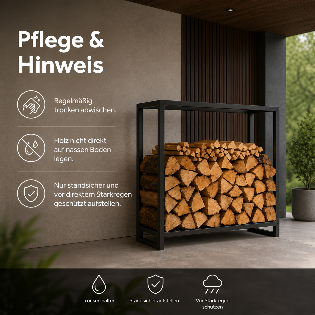 Kaminholzregal aus Stahl in Schwarz für Terrasse und Garage