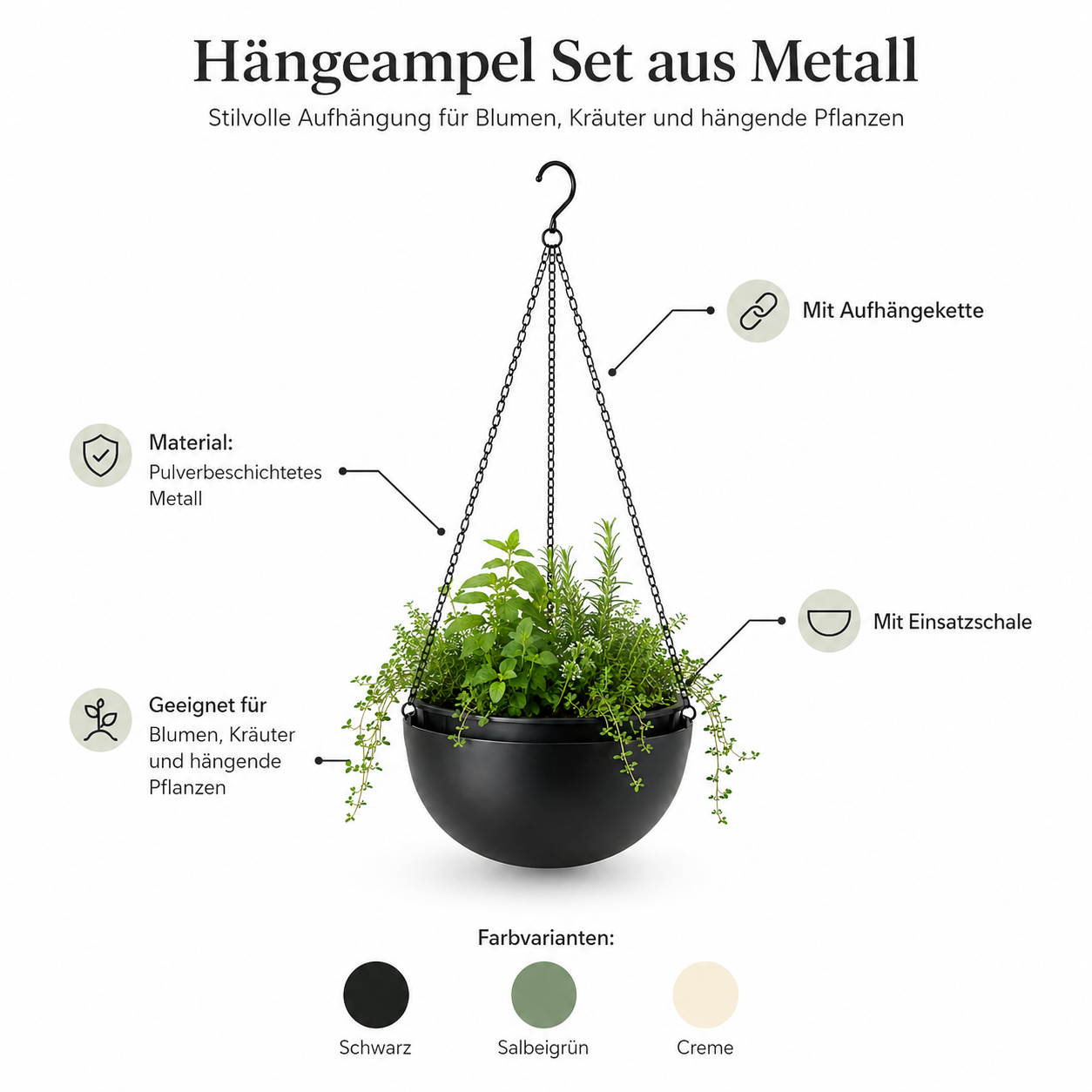 Hängeampel Set aus Metall für Balkon und Pergola