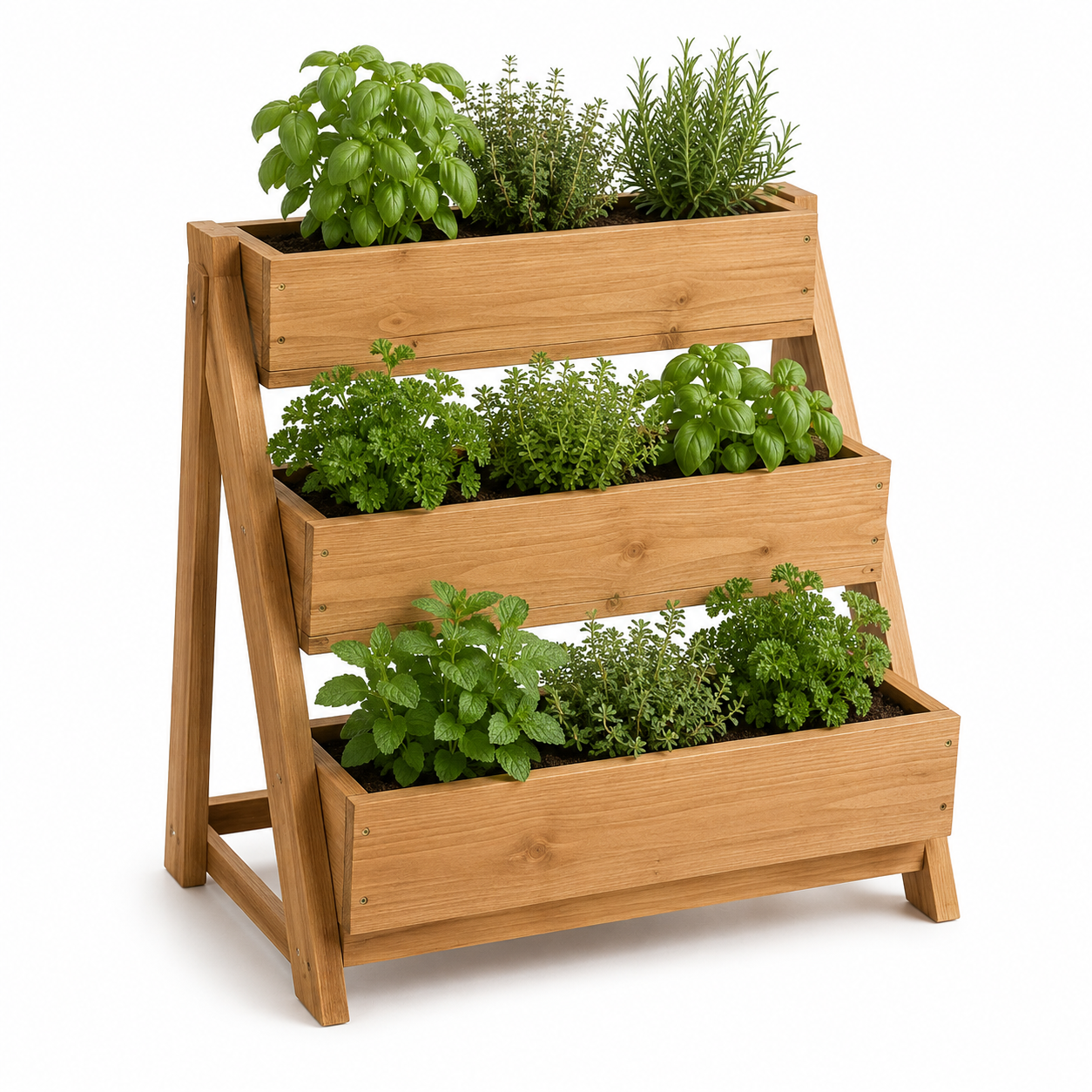 Dreistufiger Kräutergarten aus Holz für Balkon und Küche