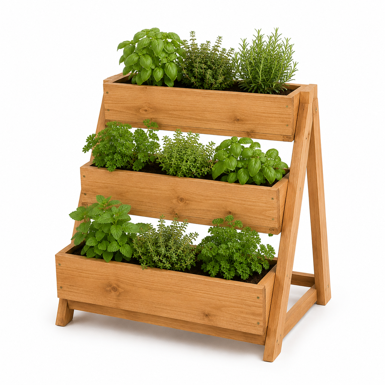 Dreistufiger Kräutergarten aus Holz für Balkon und Küche