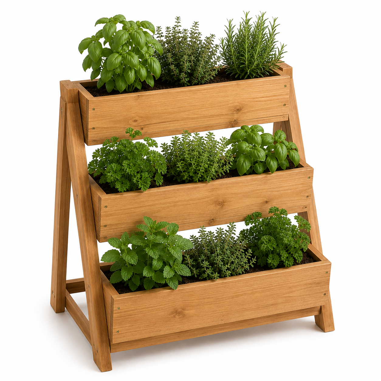 Dreistufiger Kräutergarten aus Holz für Balkon und Küche